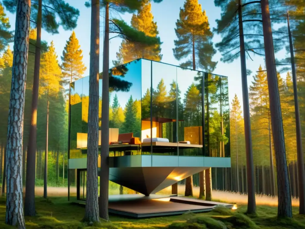 Un reflejo mágico del diseño sostenible en el Treehotel Suecia, el Mirrorcube se camufla entre los árboles, reflejando el bosque circundante