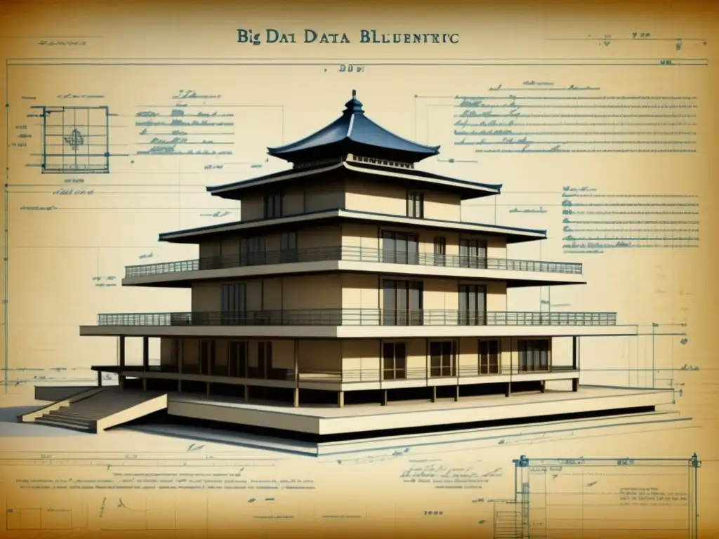 Una reliquia arquitectónica: un plano vintage detallado con notas manuscritas, fusionando técnicas tradicionales y elementos tecnológicos modernos