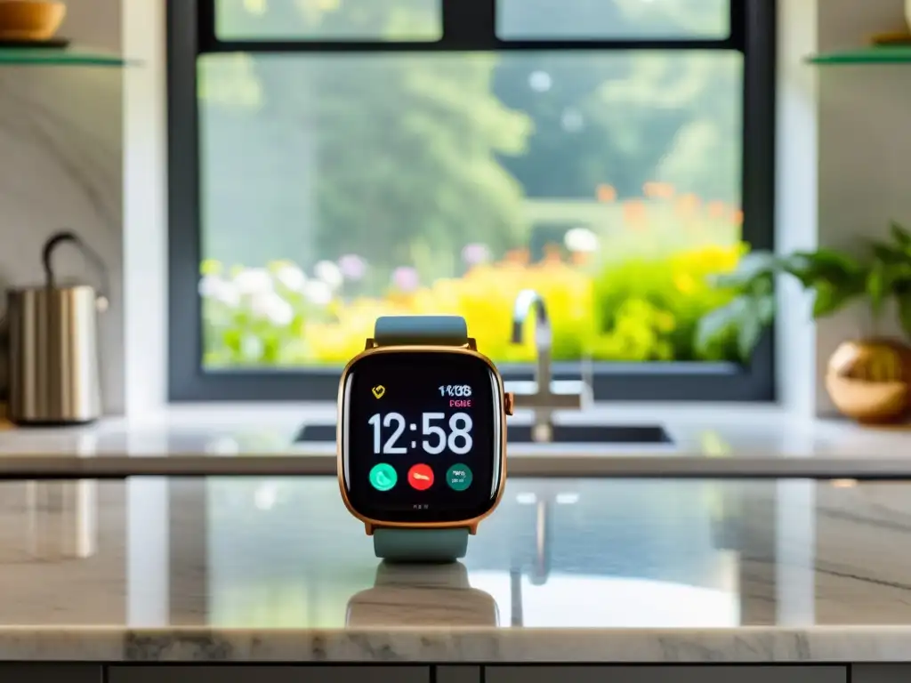 Reluciente smartwatch en cocina minimalista con interacción tecnología wearable hogar inteligente, vista al jardín