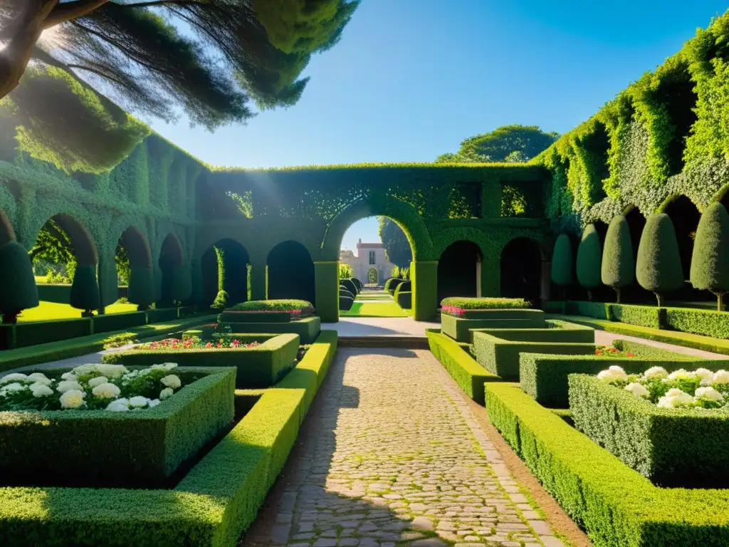 Jardín renacentista contemporáneo meticulosamente restaurado con exuberante vegetación, senderos empedrados y muros centenarios