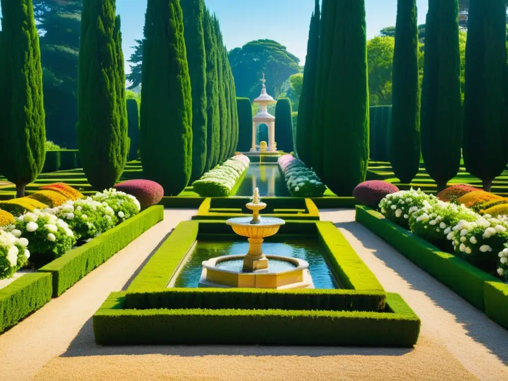 Jardín renacentista meticulosamente cuidado con flores coloridas, setos recortados y una fuente de mármol central, bañado por el cálido sol