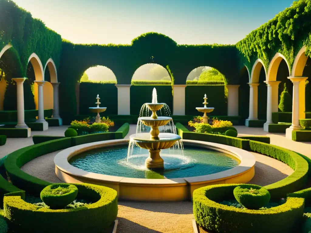 Un jardín renacentista meticulosamente cuidado con fuentes ornamentales y canales de agua, bañado por la cálida luz del sol