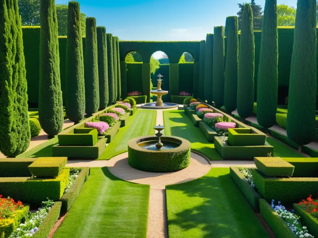 Un jardín renacentista meticulosamente cuidado con geometría verde y una fuente central, evocando serenidad y elegancia clásica