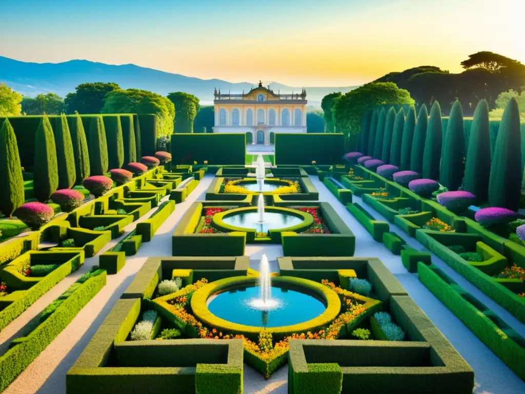 Jardín renacentista meticulosamente diseñado con parterres coloridos, fuentes ornamentadas y arquitectura exterior renacentista visión mundo