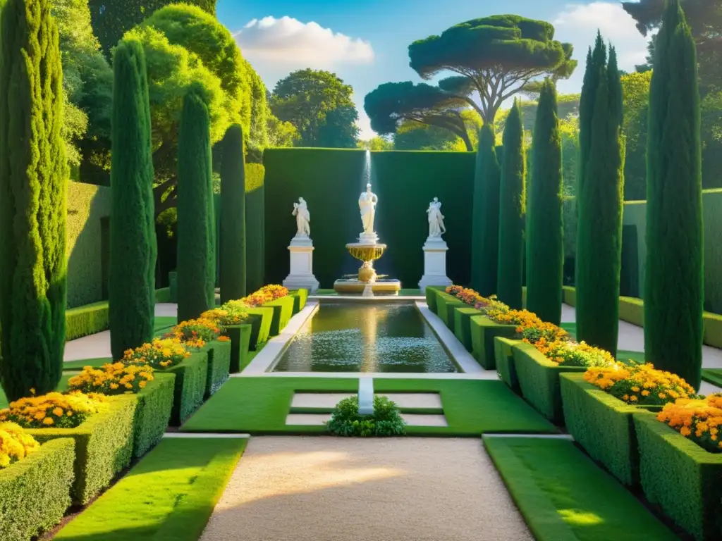 Jardín renacentista con plantas, diseño botánico y atmósfera serena y elegante