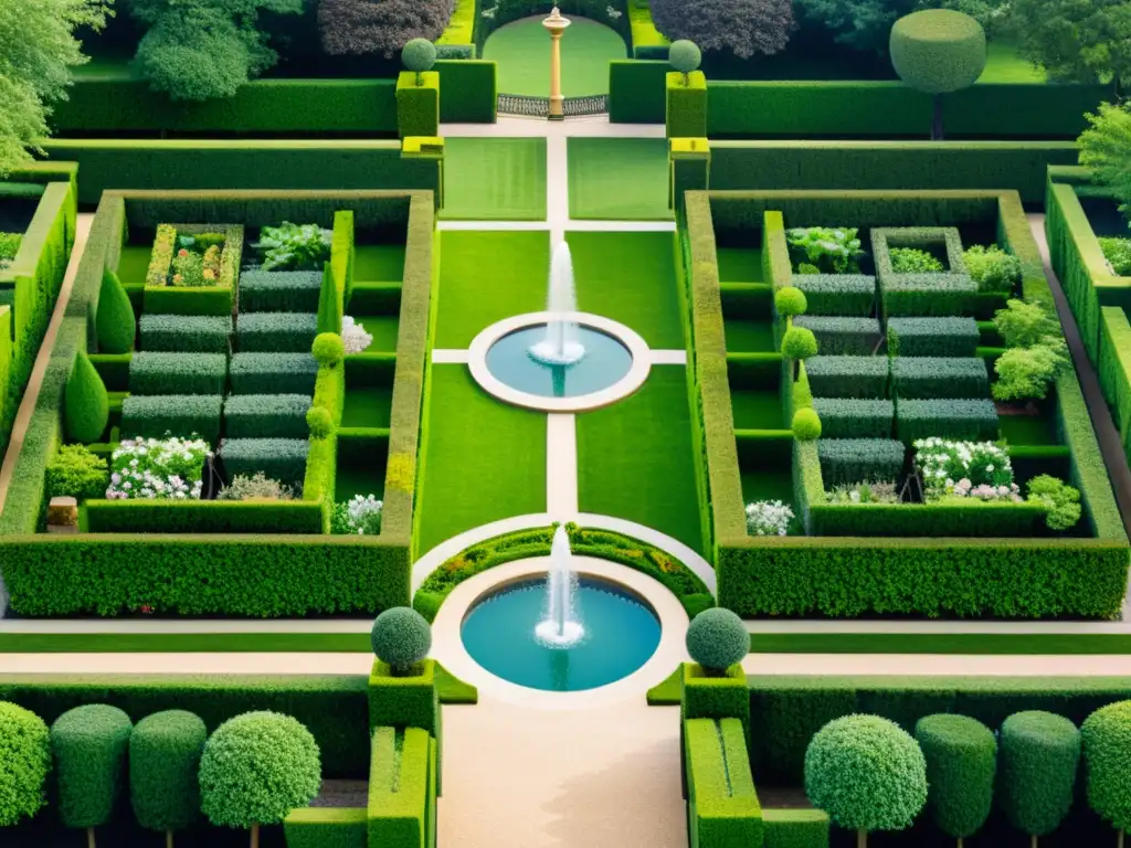 Un jardín renacentista con geometría verde en espacios renacentistas: setos, caminos simétricos y fuentes ornamentales, en una ilustración detallada