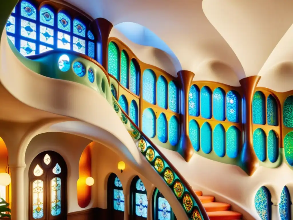 Una fotografía vintage de alta resolución del impresionante interior del hotel Casa Batlló, capturando la esencia de la experiencia arquitectónica