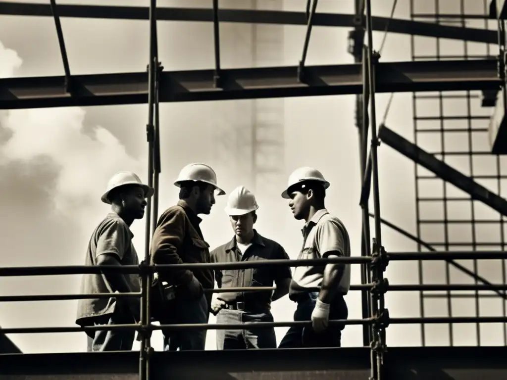 Un retrato vintage imponente de obreros en un rascacielos en construcción