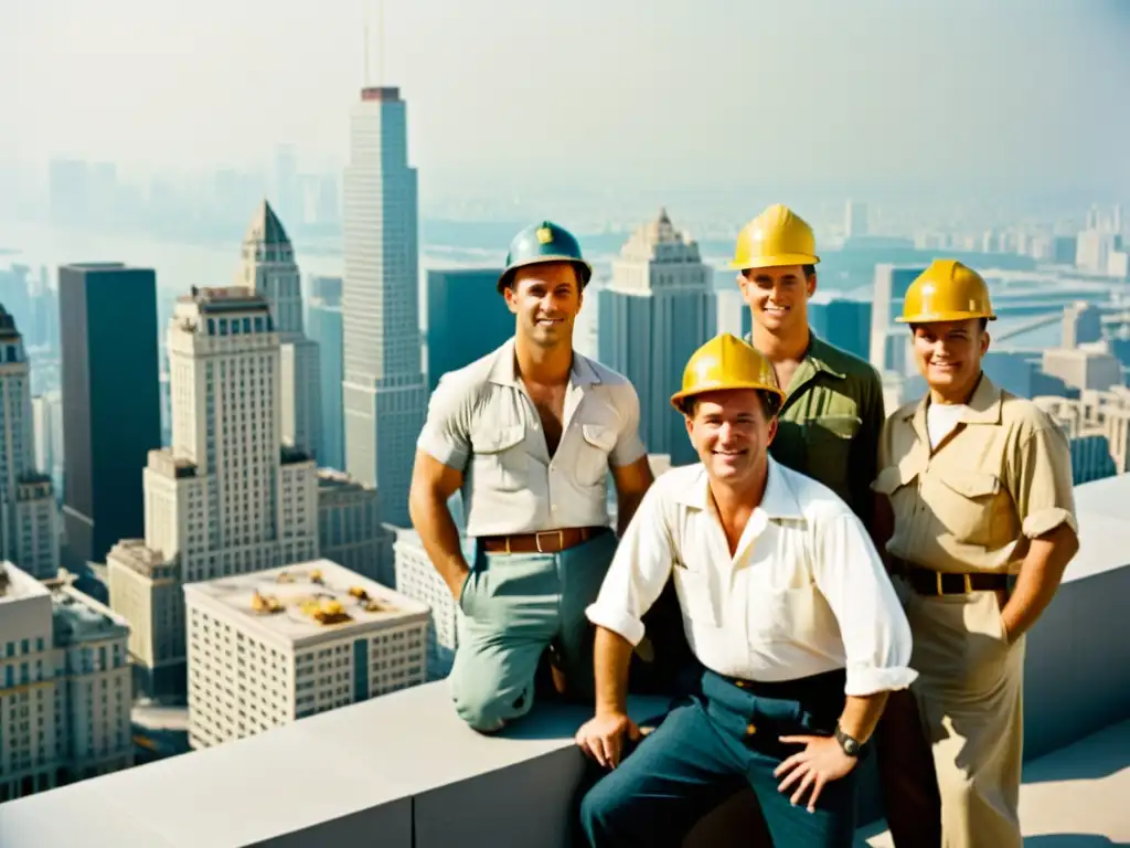 Un retrato vintage de obreros en la cima de un rascacielos a medio construir, con la ciudad al fondo