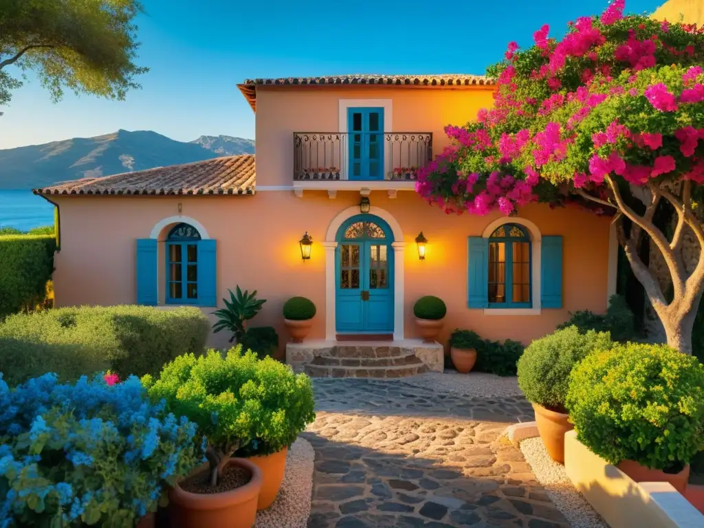 Villa mediterránea rodeada de bougainvillea y olivos, bañada por la cálida luz del atardecer