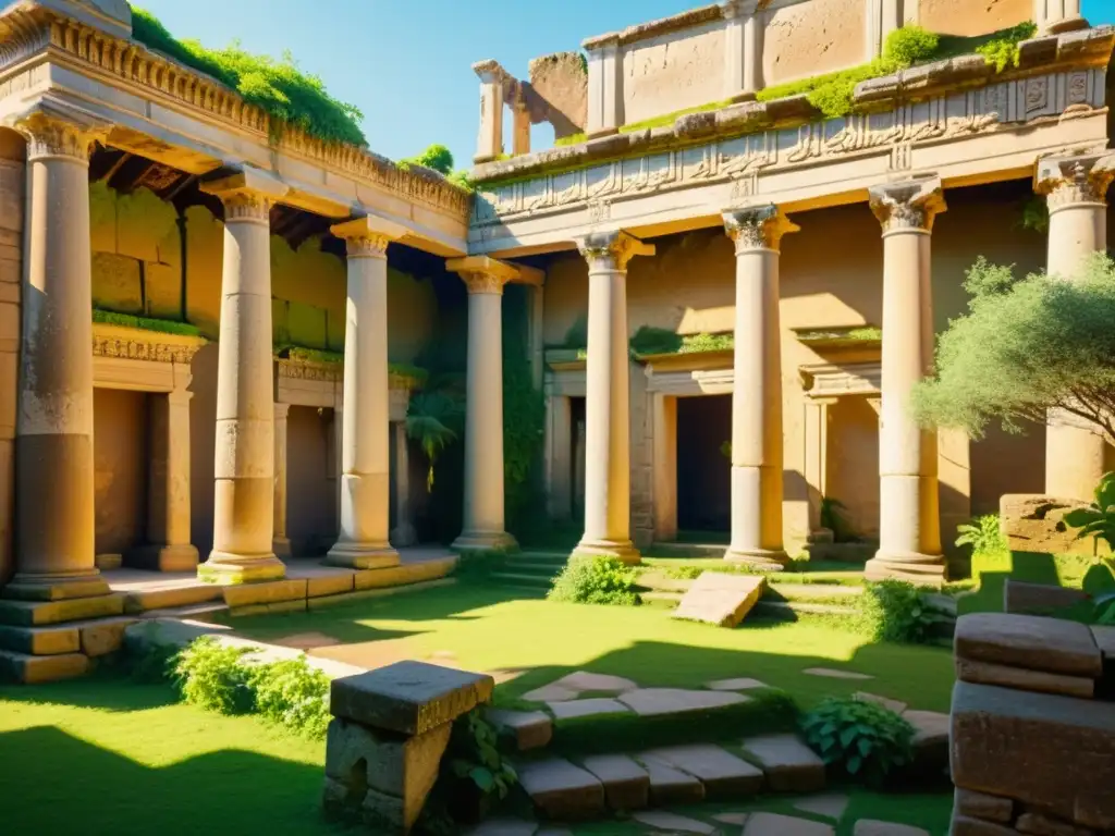 Ruinas antiguas con detalles arquitectónicos y naturaleza exuberante, evocando la realidad virtual arqueología arquitectónica