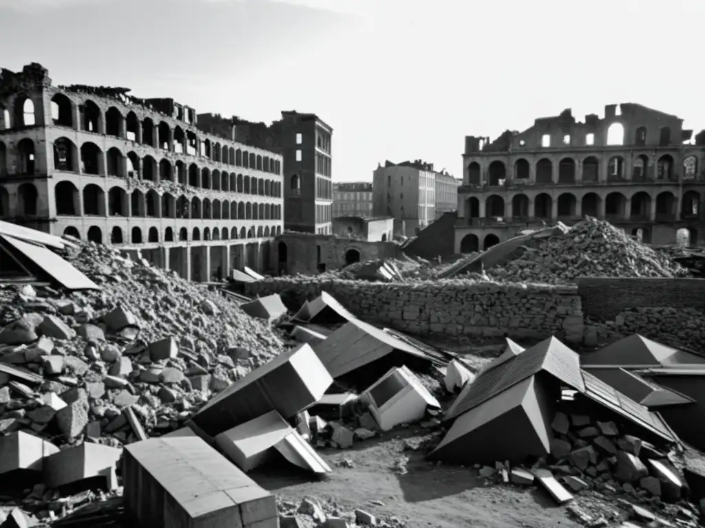 Ruinas de una ciudad europea posguerra, con arquitectura posguerra Europa reconstrucción diseño en contraste con la devastación y la esperanza