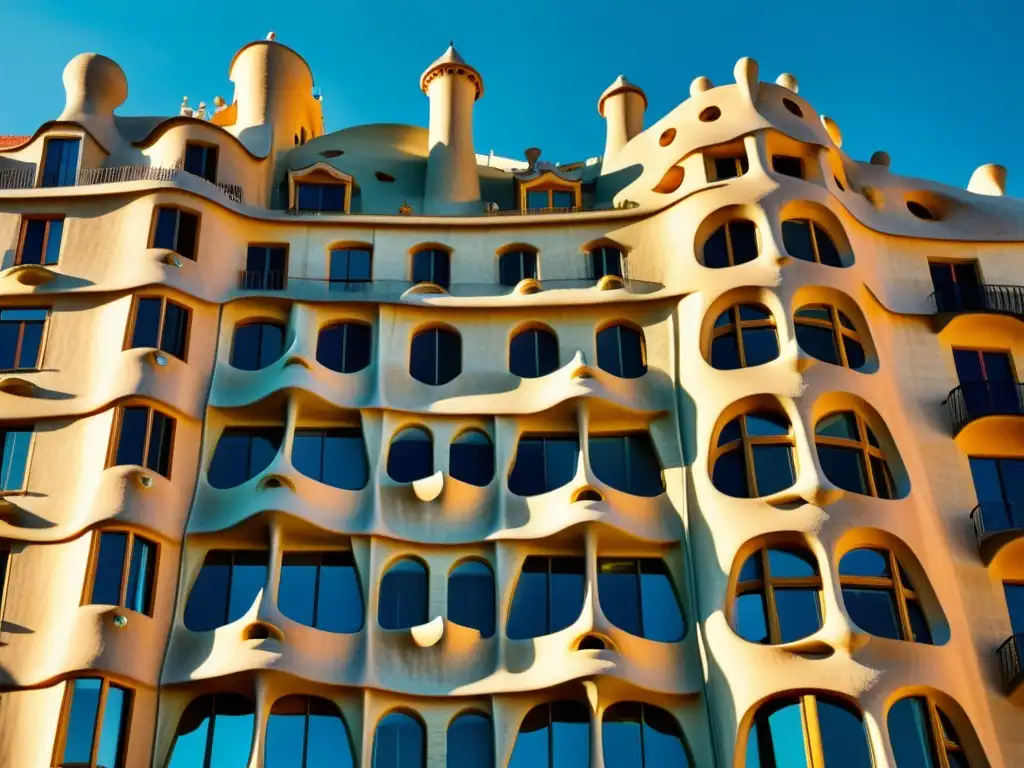 Ruta arquitectónica Barcelona Gaudí: Detalle 8k de La Pedrera, capturando la esencia de la obra maestra de Gaudí en Barcelona