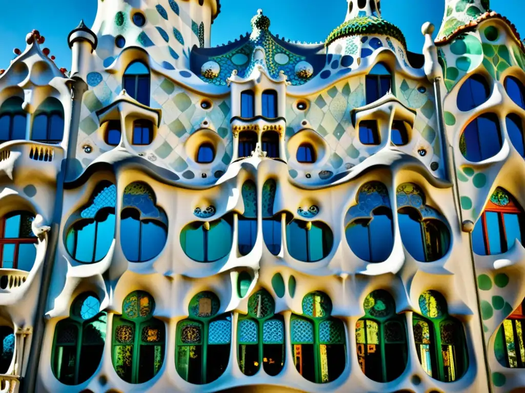 Ruta arquitectónica Barcelona Gaudí: Detalle vintage de Casa Batlló, destacando su diseño único y elementos arquitectónicos icónicos en blanco y negro