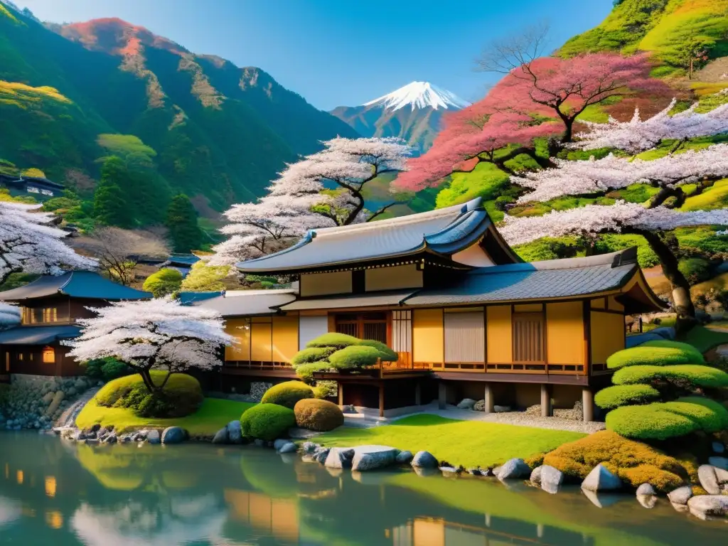 Ryokan japonesa rodeada de cerezos en flor Un ryokan japonés tradicional se encuentra en un valle montañoso, rodeado de cerezos en flor