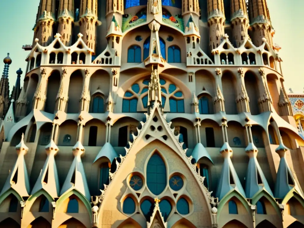 La Sagrada Familia de Gaudí en sepia, resaltando detalles arquitectónicos