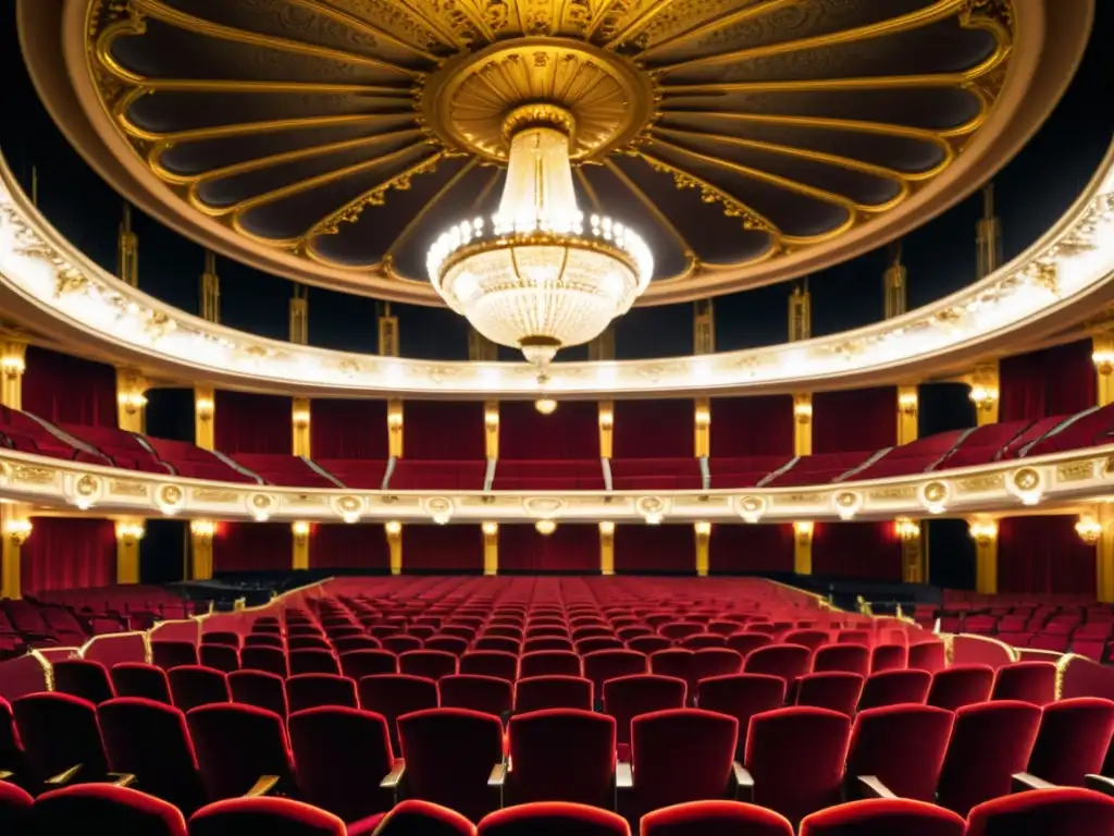 Una sala de conciertos majestuosa con detalles arquitectónicos ornamentados y una exquisita decoración en terciopelo rojo