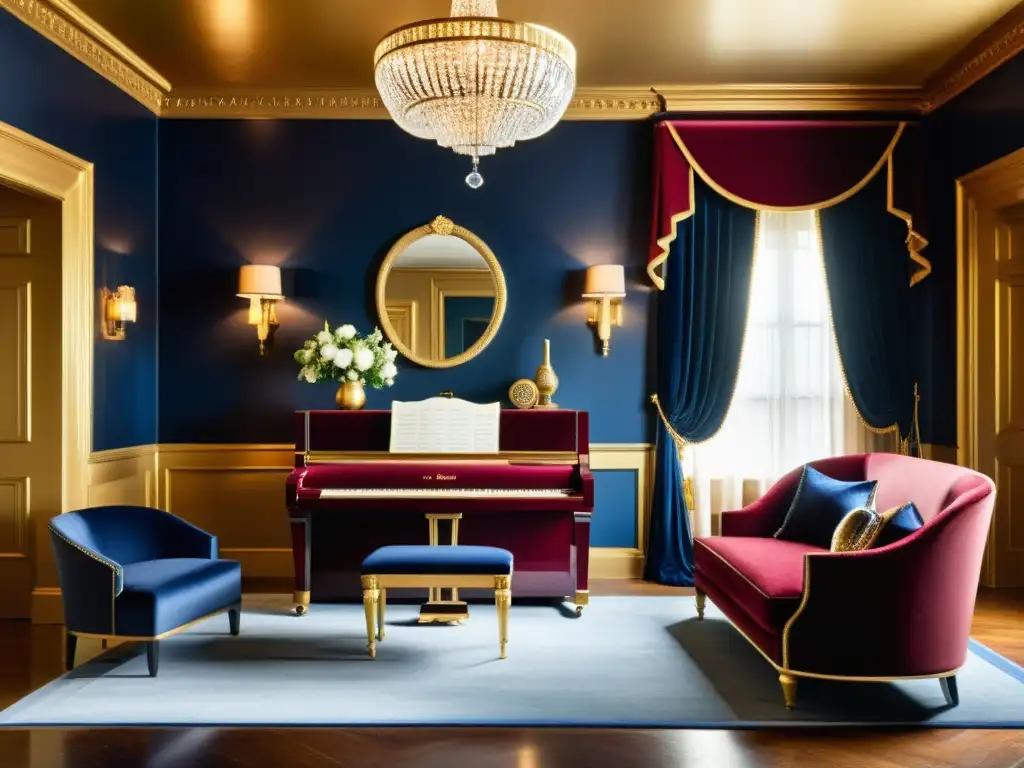 Una sala de estar con decoración de influencia hotelera, muebles suntuosos y una paleta de colores lujosa en tonos de burgundy, navy y oro suave