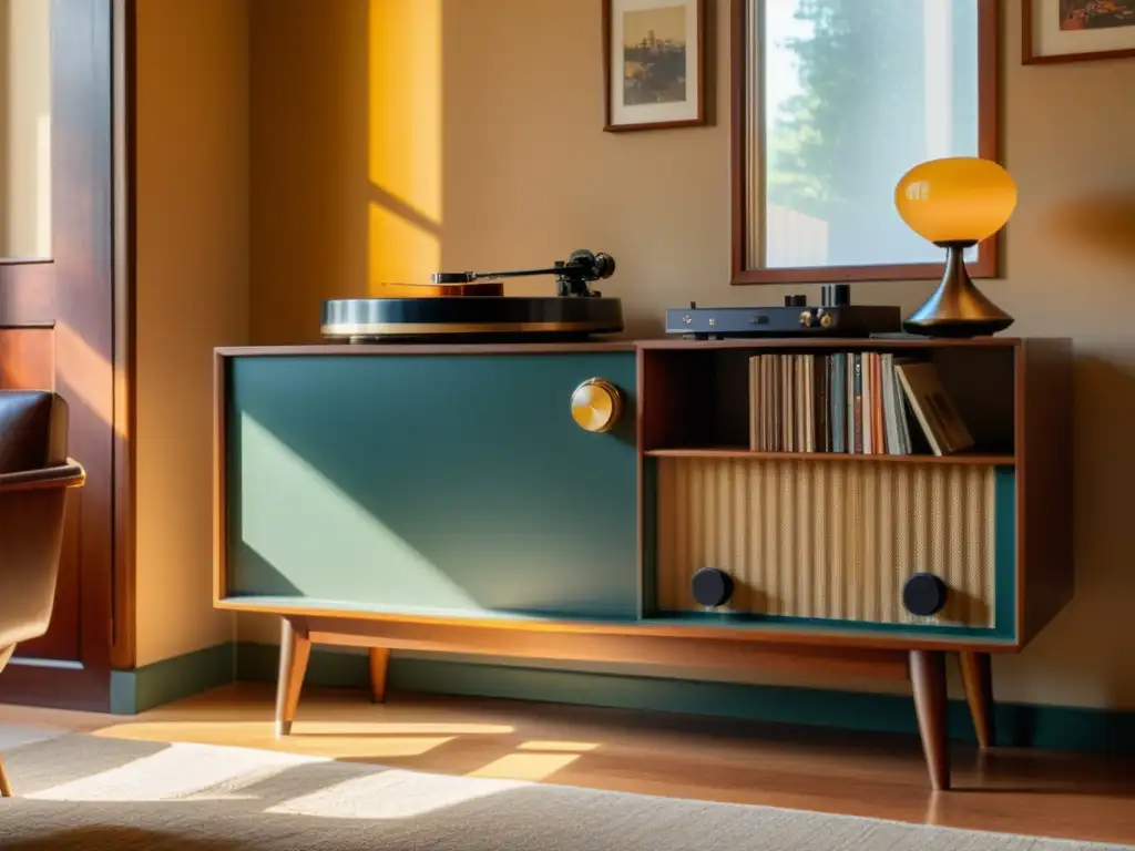 Una sala vintage con tocadiscos retro en estante de madera, rodeada de muebles de mediados de siglo y colores cálidos