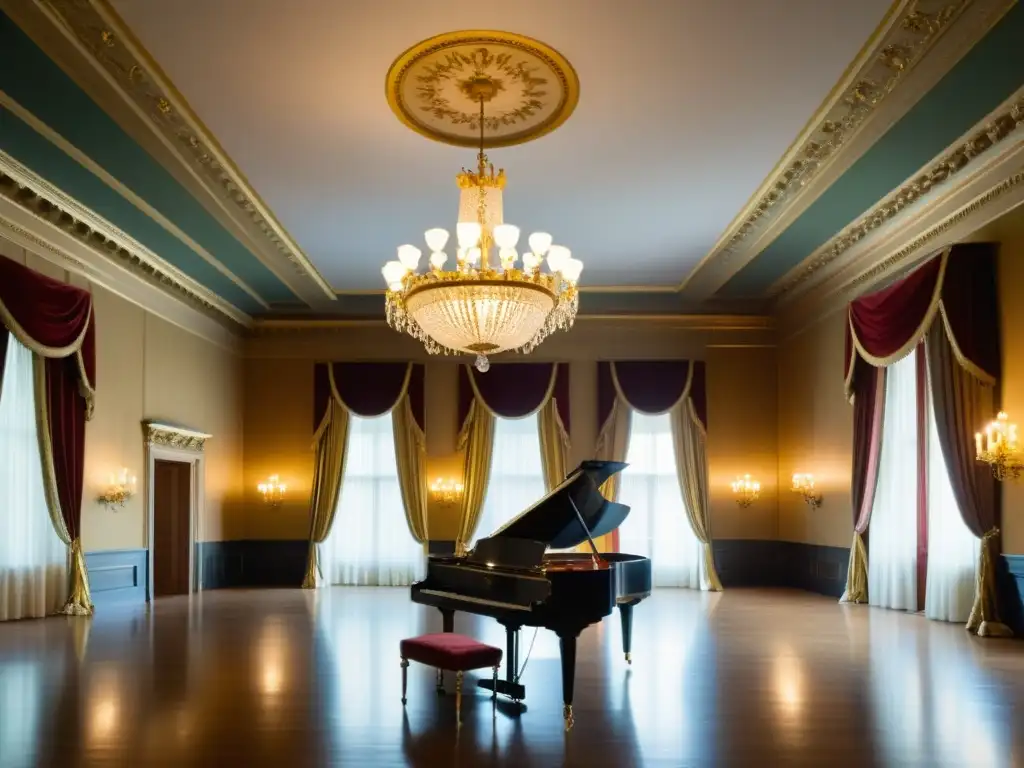 Salón de baile con influencia arquitectura Belle Époque propiedades, decorado con muebles antiguos y candelabros colgantes en un techo frescoado