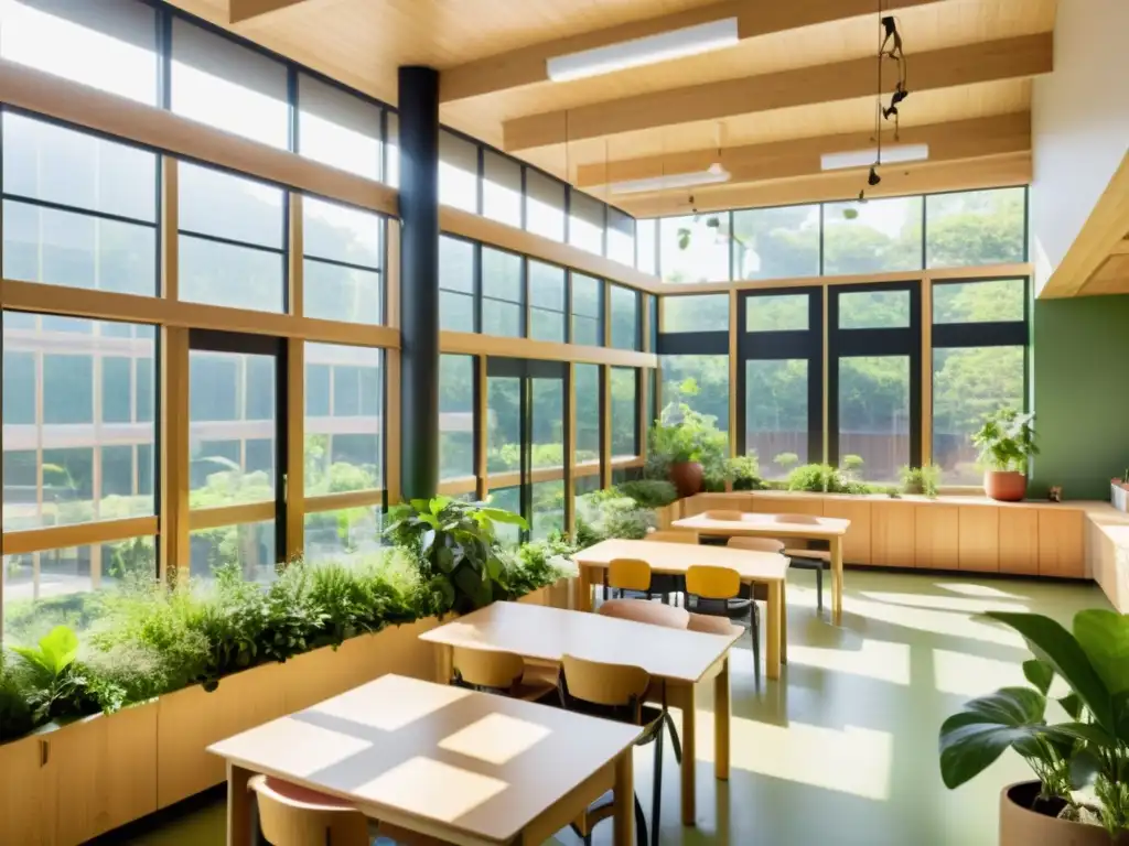 Salón de clase soleado en escuela biofílica, con mobiliario de madera y abundante vegetación