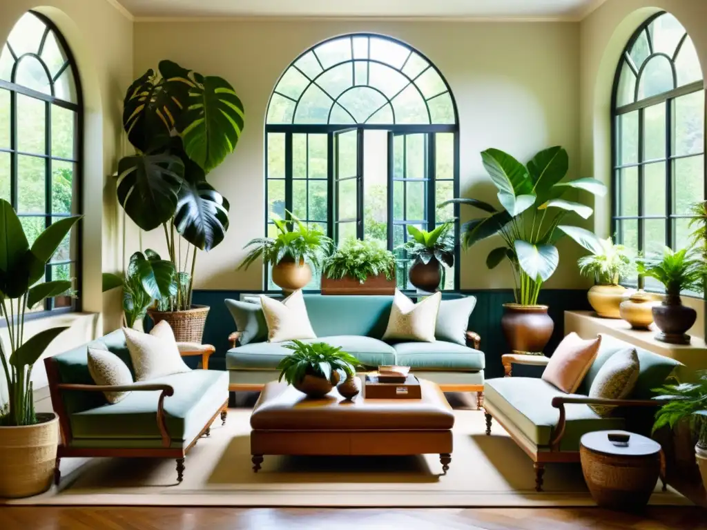 Salón vintage con exuberante jardín interior de alta gama, plantas tropicales en macetas antiguas, inundado de luz natural