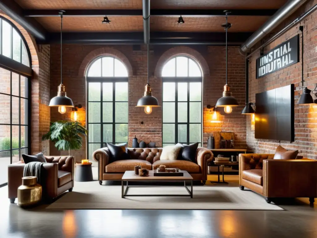 Salón vintage industrial chic con paredes de ladrillo visto, muebles de cuero envejecido y acentos metálicos