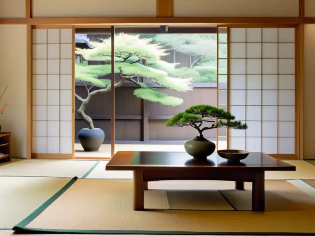 Salón japonés vintage con influencia clásica en el diseño de hogar moderno, tatamis, shoji y arreglos Ikebana