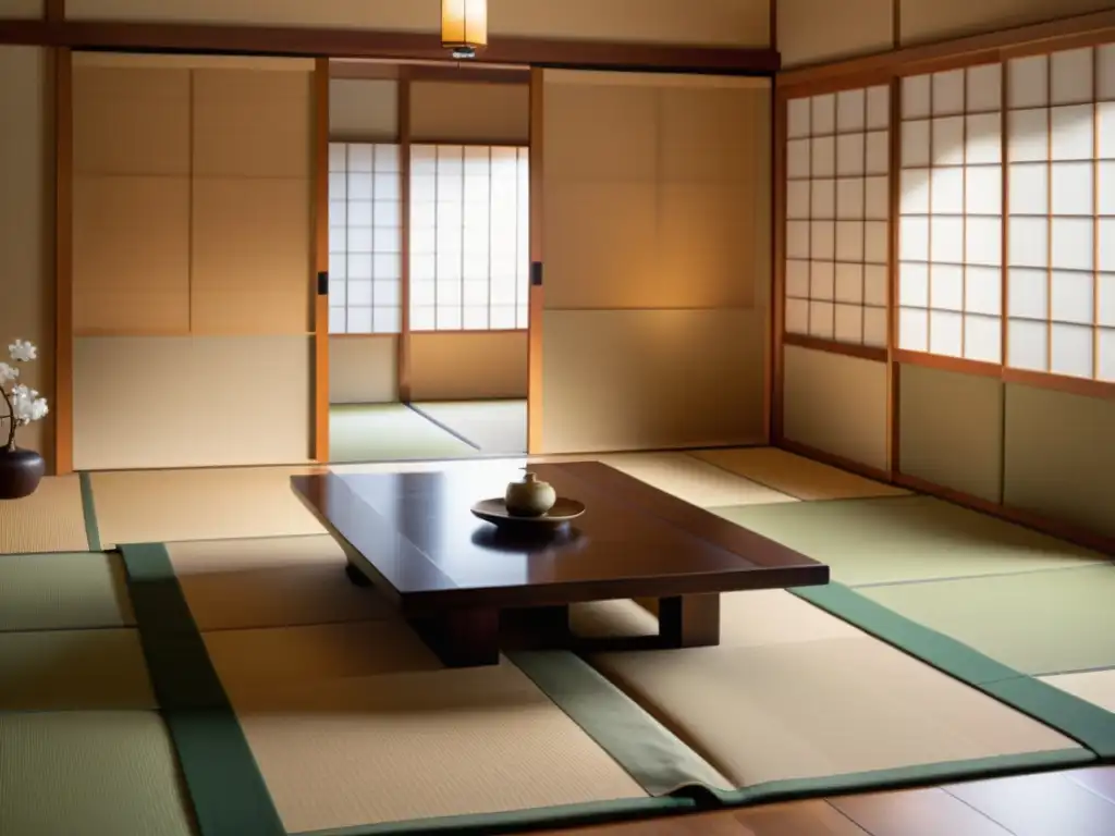 Salón de té japonés vintage con tatamis, puertas corredizas de papel y decoración minimalista