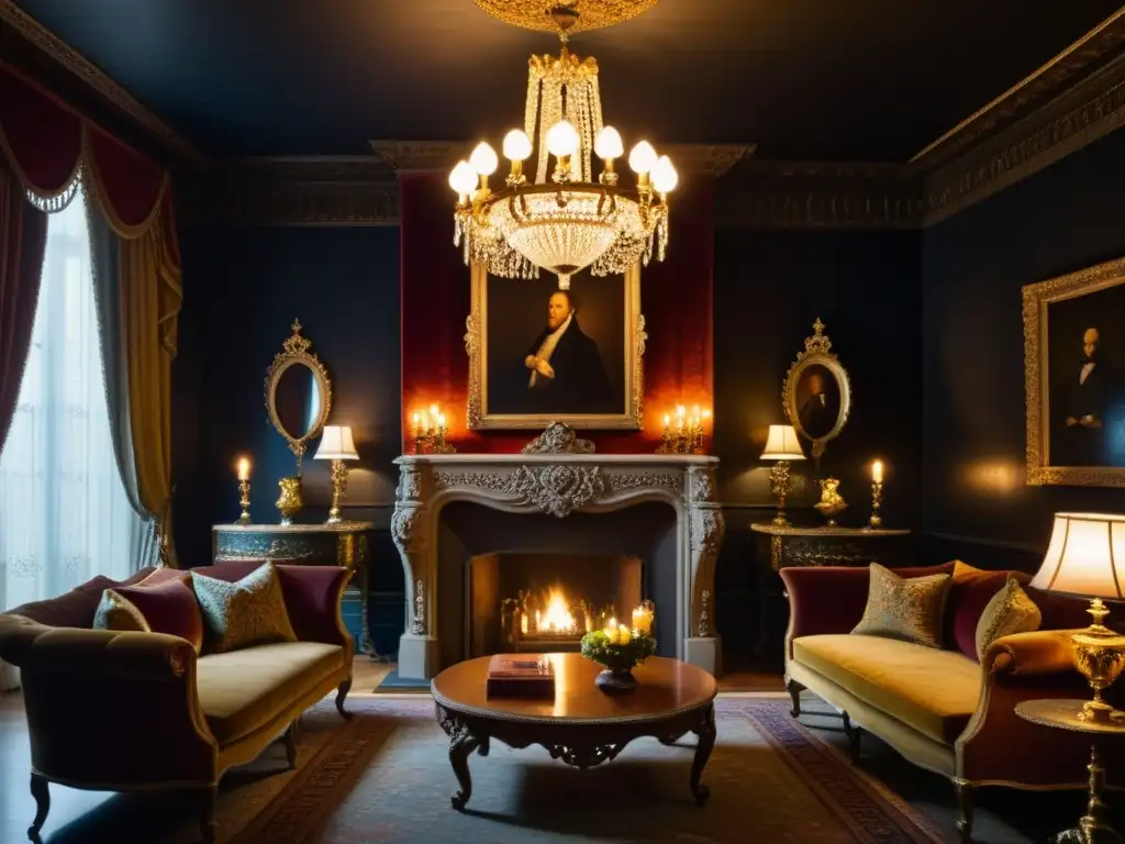 Un salón lujoso del siglo XIX con muebles de terciopelo, candelabro y chimenea, creando un ambiente opulento y romántico