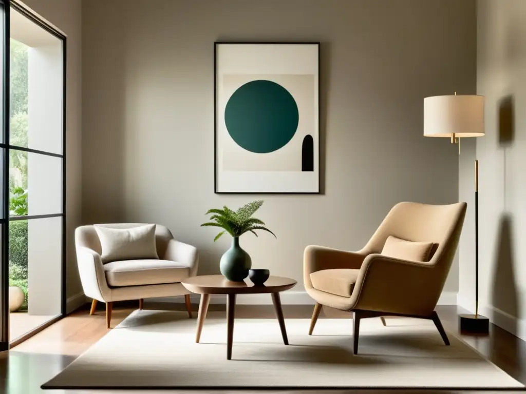 Salón minimalista vintage con mobiliario elegante y luz natural