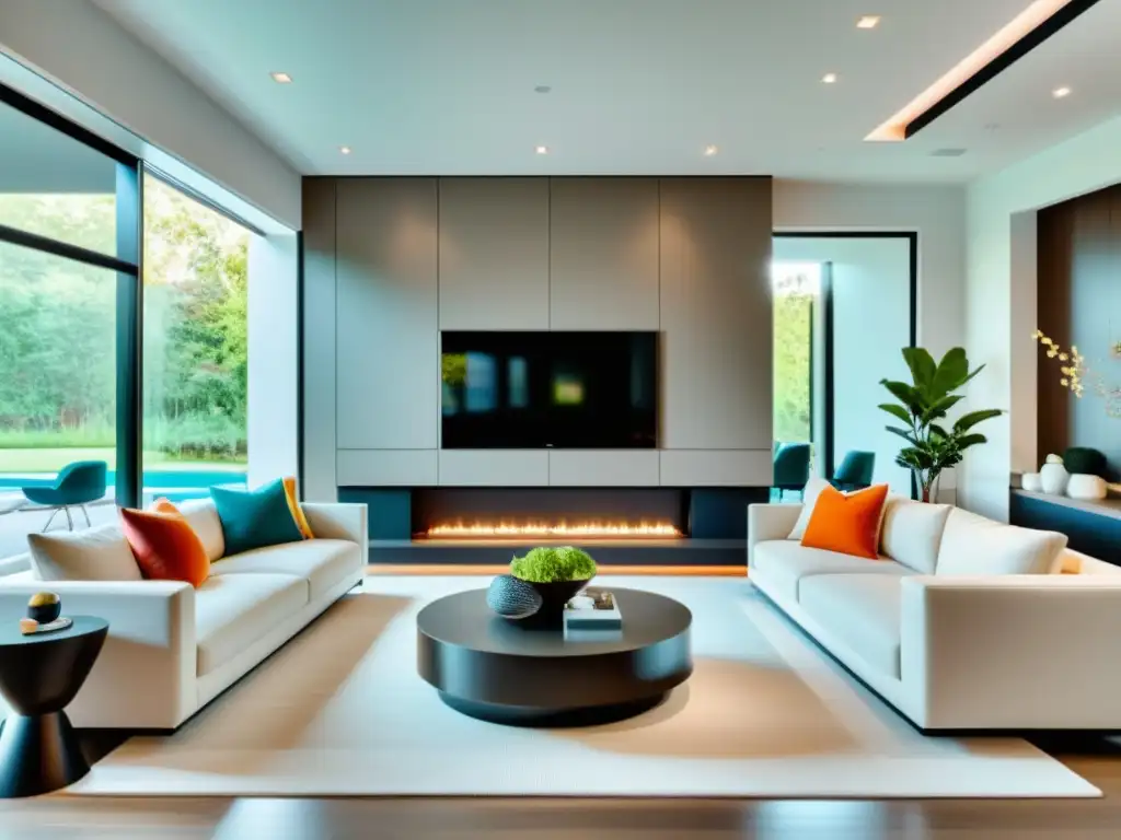 Sala de estar moderna con tecnología inteligente y diseño minimalista Salón moderno con tecnología inteligente integrada, ambiente acogedor y elegante