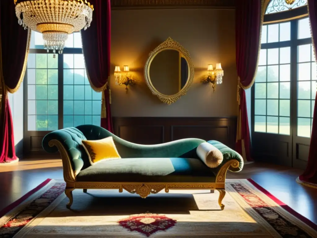 Un salón opulento con una lujosa chaise longue de terciopelo y bordados dorados