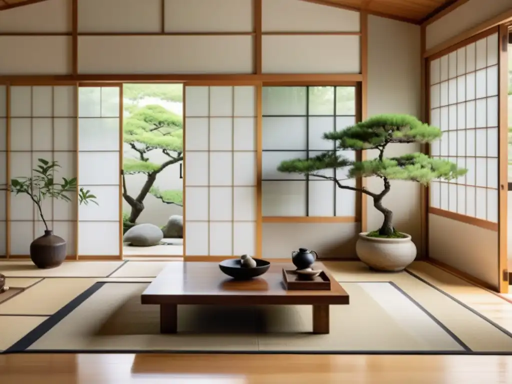 Salón vintage sereno con aplicaciones de principios japoneses en decoración occidental, muebles de madera y ambiente armonioso con luz natural