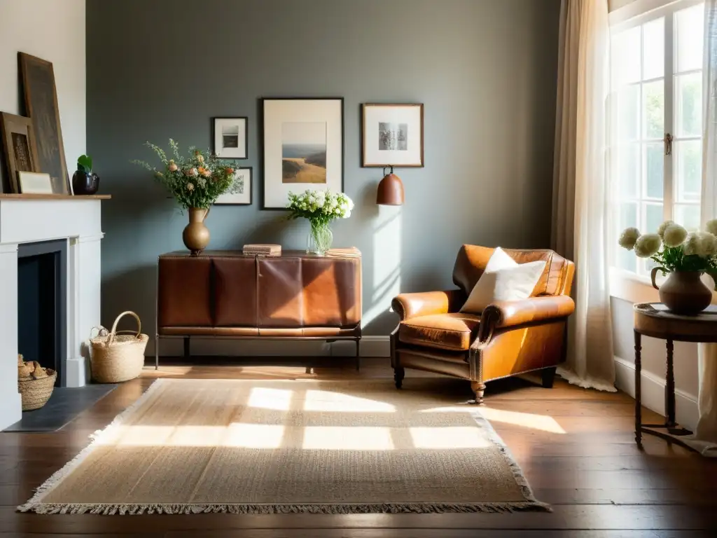 Salón vintage con toques wabi-sabi: suelos de madera envejecida, sillón de cuero desgastado y mesa de café antigua con flores frescas