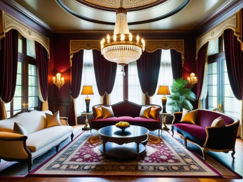 Salón victoriano con cortinas de terciopelo burdeos y muebles antiguos, refleja ambientes inspirados en el siglo XIX