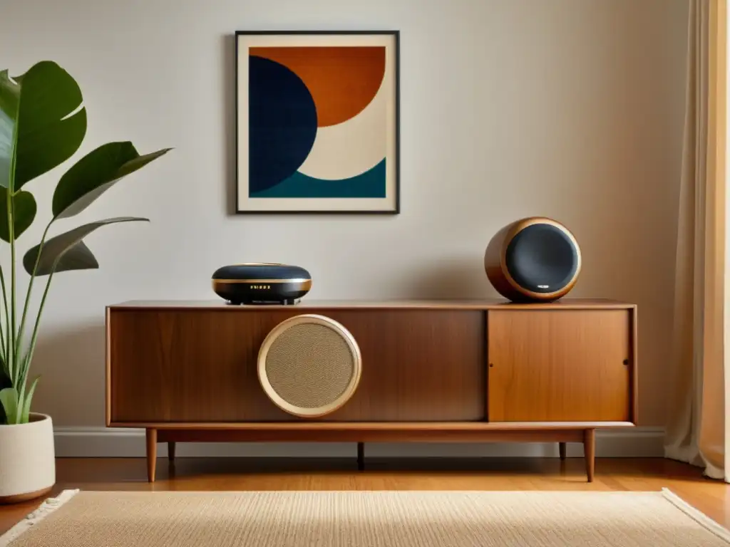 Un salón vintage con muebles de mediados de siglo, destacando un elegante mueble de madera con altavoces inteligentemente integrados