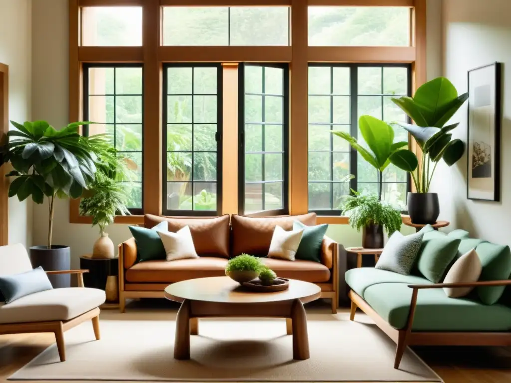 Un salón de inspiración vintage con tonos cálidos, muebles de madera natural y plantas verdes