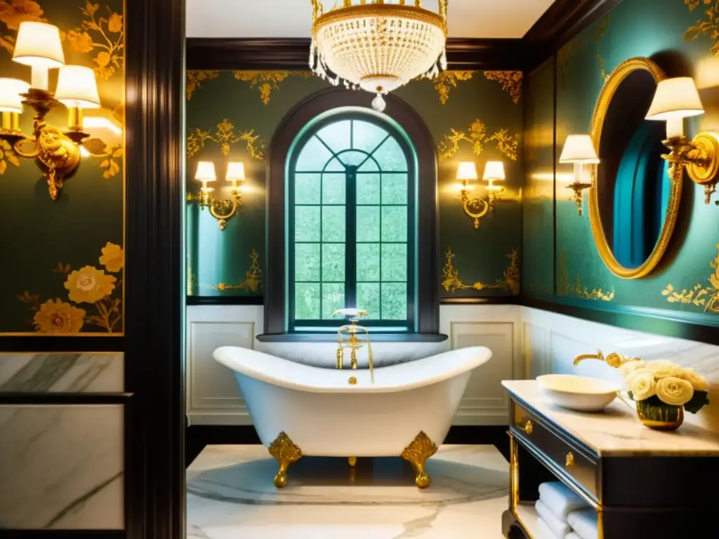 Sanitarios exclusivos para baños lujosos: un inodoro de porcelana ornamentado en un lujoso baño vintage con detalles en oro y mármol opulento