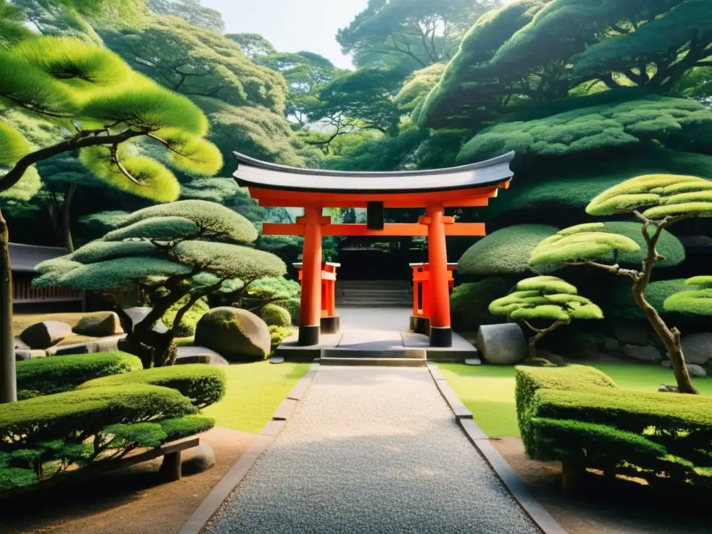 Un santuario Shintoísta japonés rodeado de exuberante vegetación, transmite serenidad y la influencia del shintoísmo en arquitectura japonesa