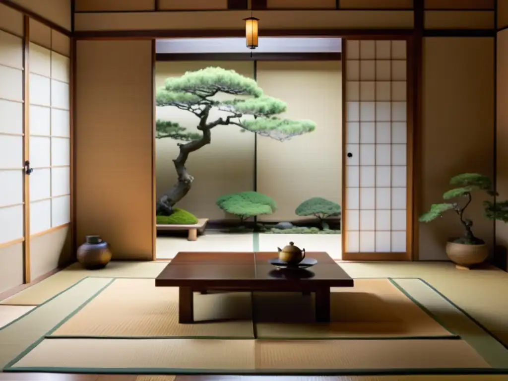 Un sereno y elegante salón de té japonés, con influencia del minimalismo japonés en decoración