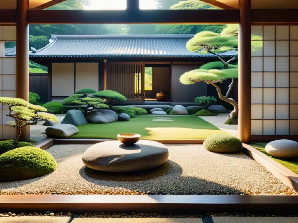 Jardín japonés sereno con grava cuidadosamente rastrillada, piedras cubiertas de musgo y una estructura de madera tradicional