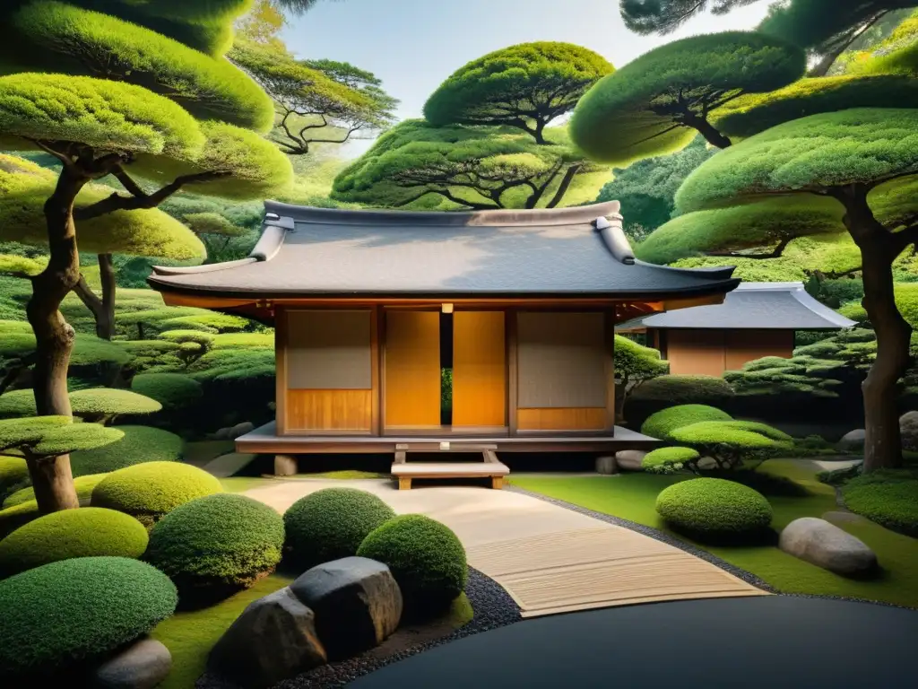 Un jardín sereno rodea una tradicional casa de té japonesa, reflejando la esencia de la arquitectura japonesa WabiSabi