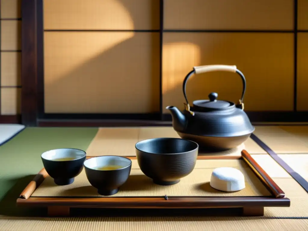 Un set de té japonés vintage en una mesa de madera, con tazas de porcelana, un batidor de bambú y una tetera de hierro