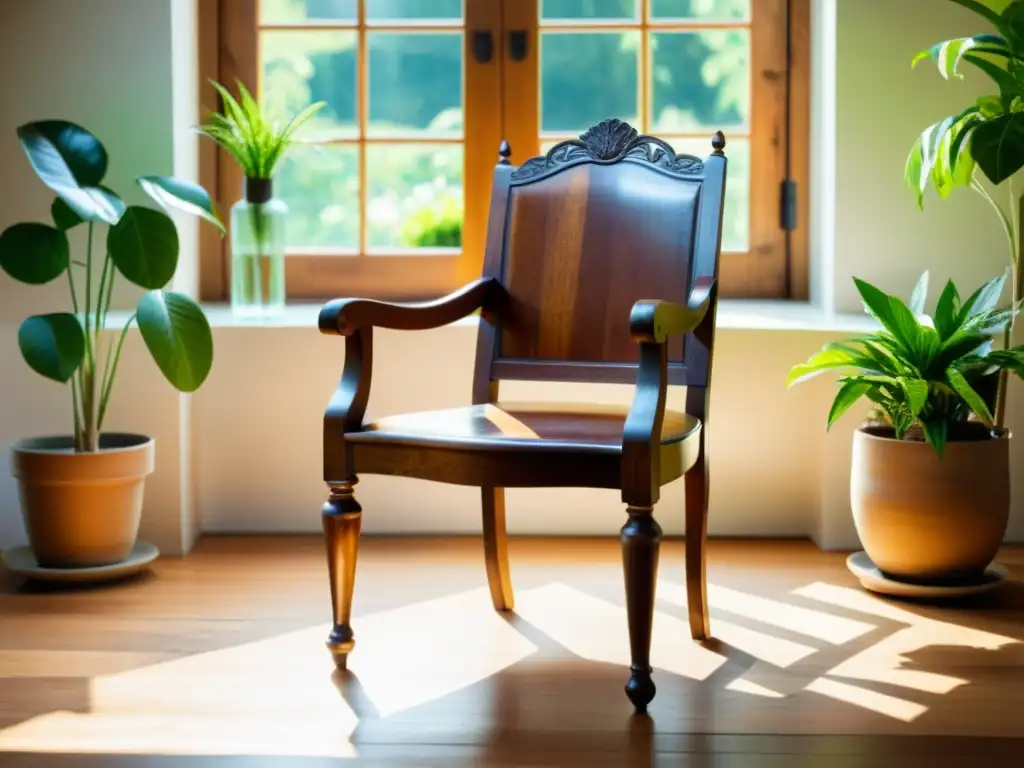 Una silla de madera vintage hecha de materiales sostenibles, rodeada de plantas y decoración ecofriendly en una habitación soleada