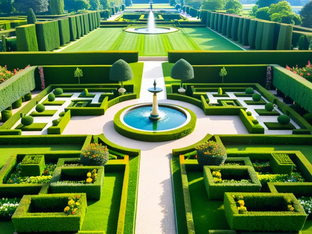 Jardín renacentista con simbología oculta, estatuas, fuentes y senderos, capturando su atmósfera serena y atemporal