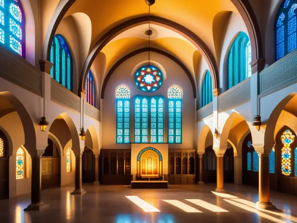 Interior de sinagoga con influencia islámica, detalles arquitectónicos islámicos, luz cálida y atmósfera serena