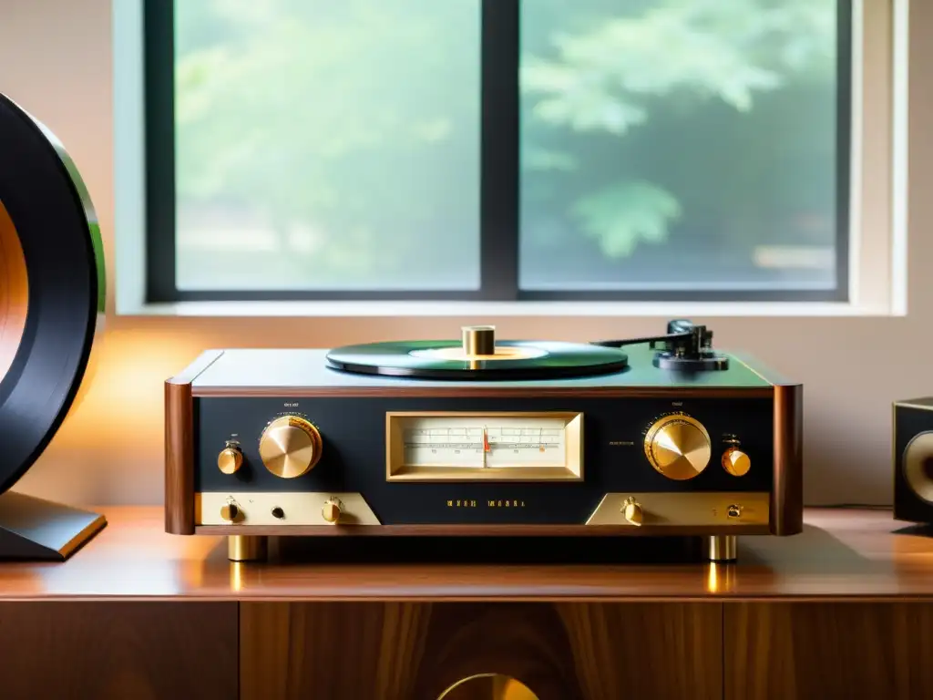 Un sistema de audio highend para living, con altavoces de madera pulida y detalles dorados, sobre una consola moderna