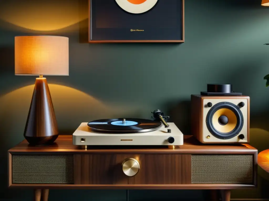 Un sistema de audio high-end para living, en una elegante sala decorada, con un tocadiscos vintage y altavoces en una consola de madera