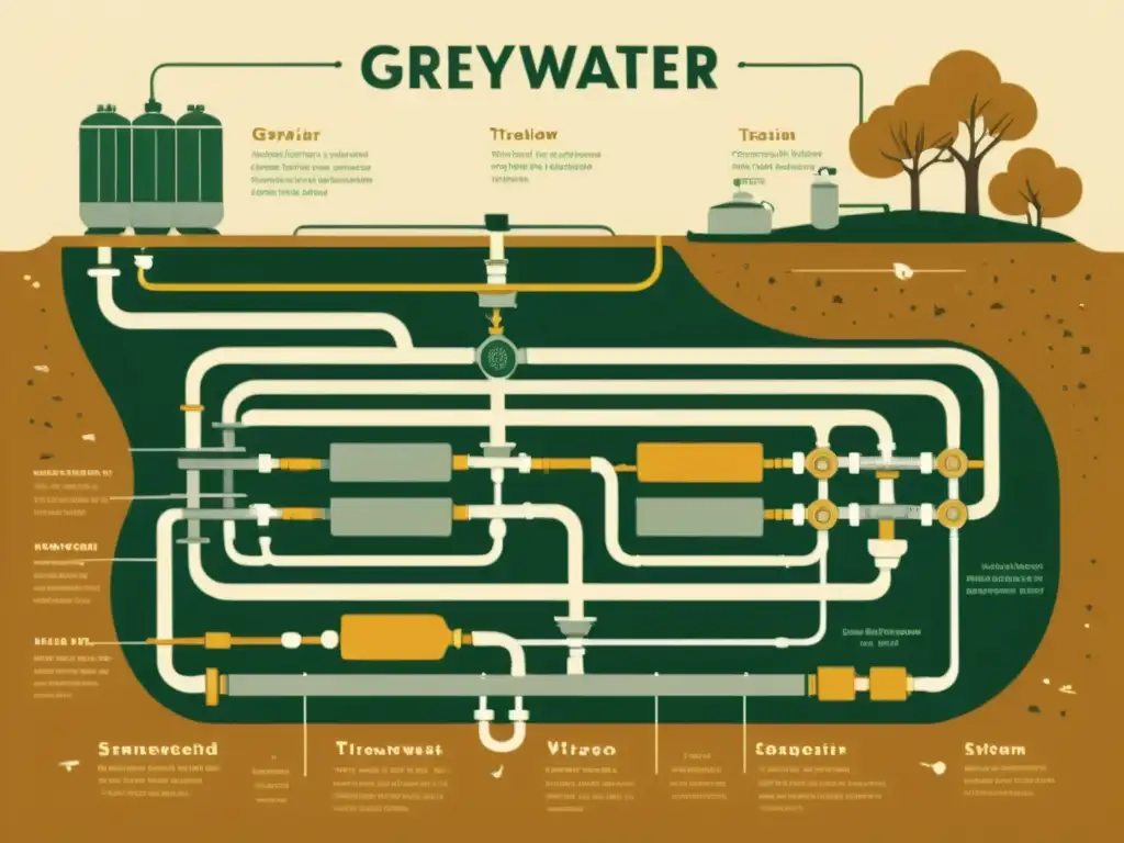 Un sistema de tratamiento de aguas grises detallado, con tuberías, filtros y tanques entrelazados, en tonos cálidos y expertos